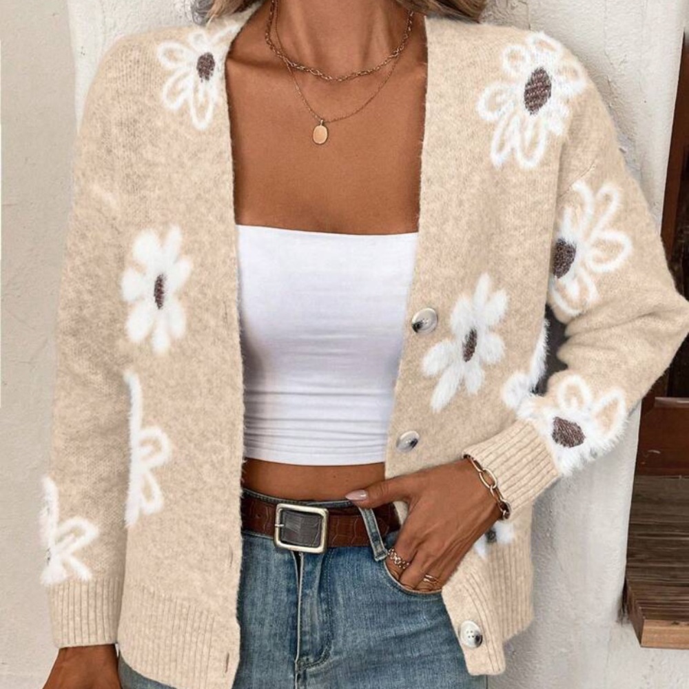 New V-neck floral print button-down cardigan sweater